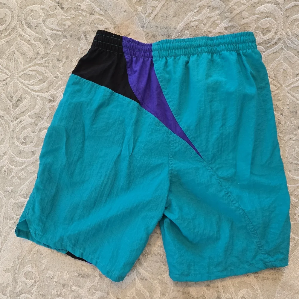 Vintage 1990s Radical Reef Teal and Purple Volleyball Swim Trunks